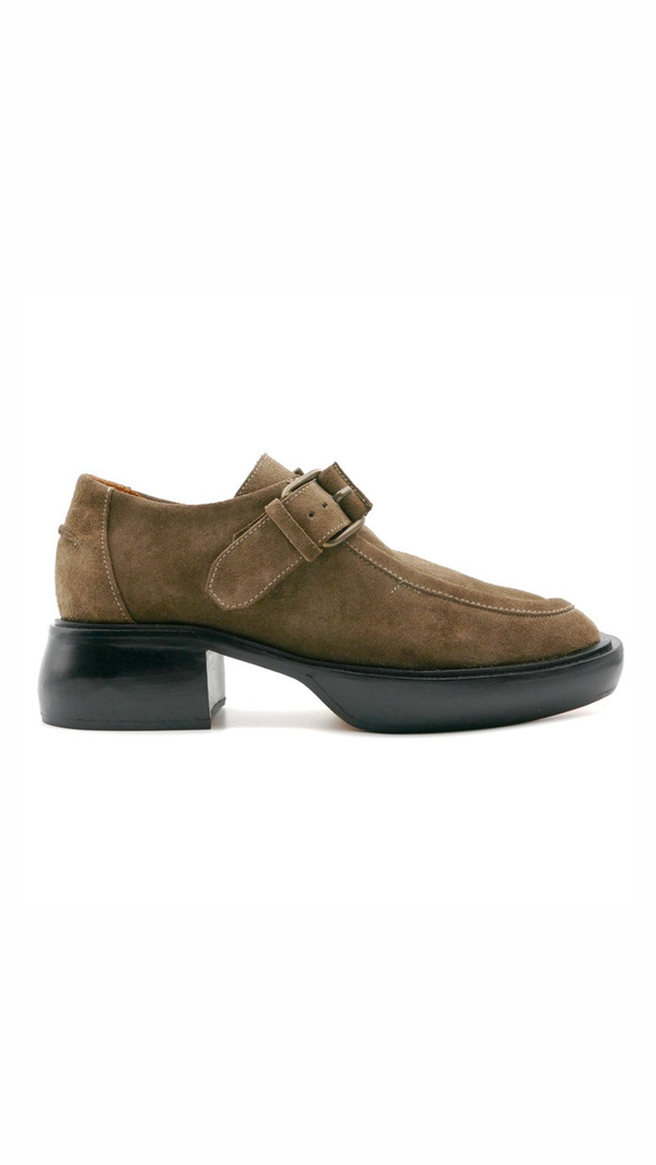 monk strap buckle platform chunky loafer in moss taupe suede
