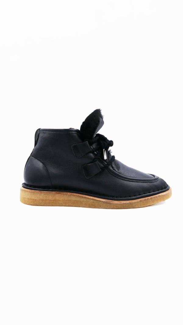 black leather lace up shearling moccasin boot crepe sole premium