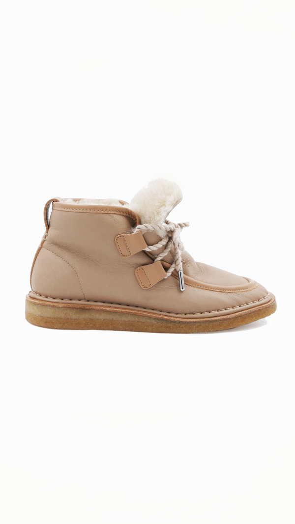 tan nude natural leather lace up shearling moccasin boot crepe sole premium side
