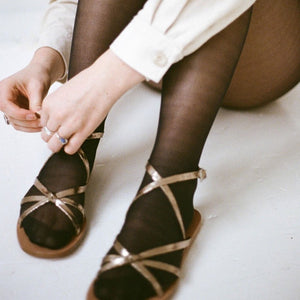 Metallic strappy leather wedding sandal minimalist ethical footwear. Gold champagne silver platinum metallic.