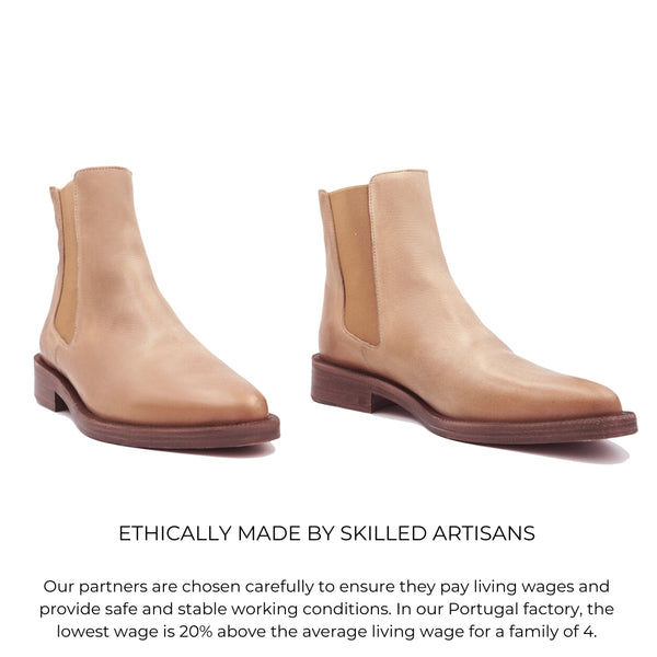 Not your classic Chelsea Boot!  Polished, European-style last shape, in buttery soft vegetable-tanned leather from our elite Italian tannery. Soft pointed toe shape adds a little edge to everyday looks. Sole is 100% leather and made in the old world way – they just don’t make boots like this anymore. Ethically Handmade in Portugal. Either.Or - Handmade with Care.